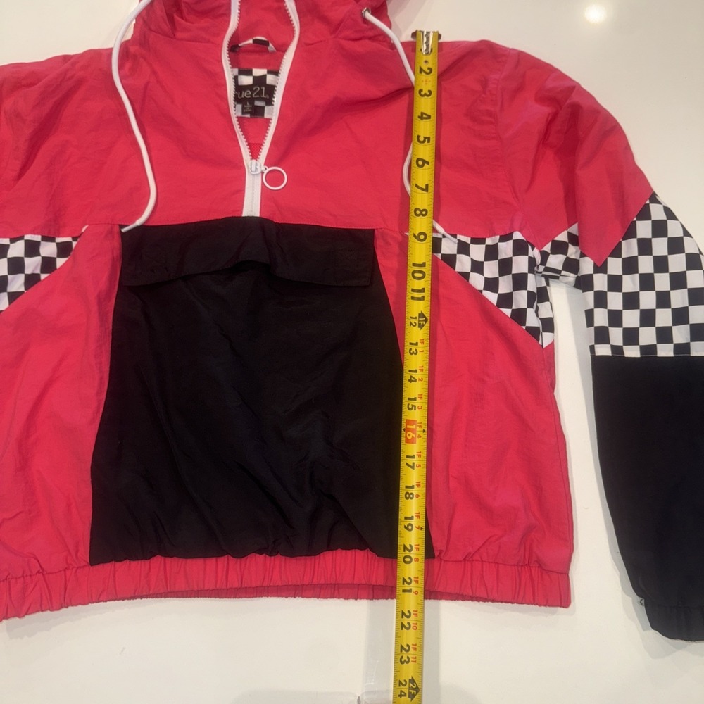 Rue 21 Neon Pink Windbreaker Hooded Jacket Size L Racing Stripes Vintage Y2K - Picture 5 of 6